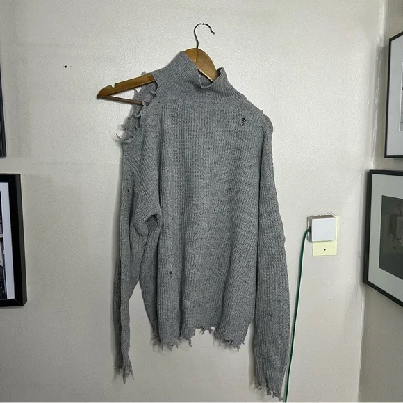 Zenana Gray Distressed Turtleneck Sweater XS Funfetti Speckled Cutout Cable Knit - Picture 9 of 9